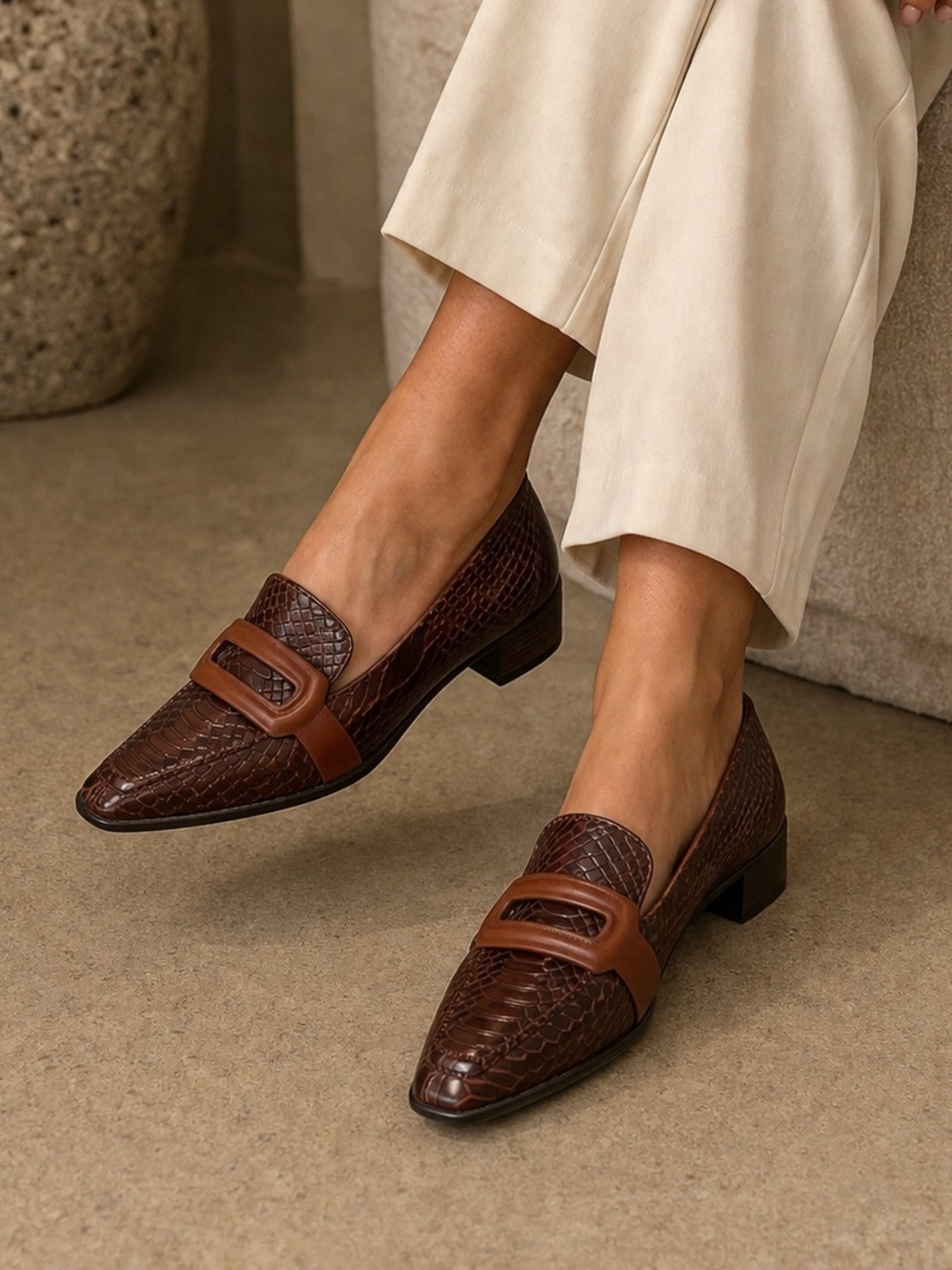 Brown Leather Women’s Slip-On Loafers with Contrast Strap